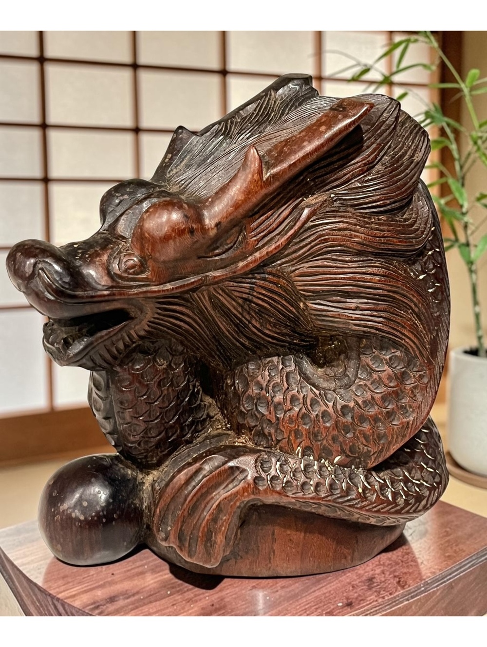 Vintage Hand Carved Wood Dragon Sculpture Pearl Ball Asian Decor Figurine 7”